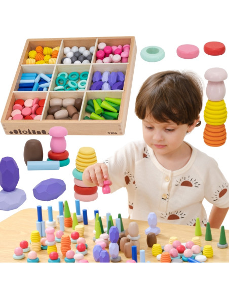 VIGA Mediniai edukaciniai kaladėlių blokai Montesori Dėlionė 141 vnt.