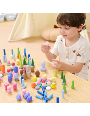 VIGA Mediniai edukaciniai kaladėlių blokai Montesori Dėlionė 141 vnt.