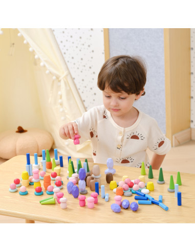 VIGA Mediniai edukaciniai kaladėlių blokai Montesori Dėlionė 141 vnt.