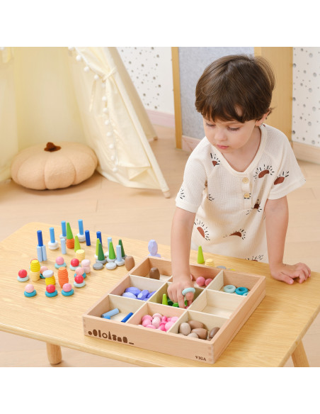 VIGA Mediniai edukaciniai kaladėlių blokai Montesori Dėlionė 141 vnt.