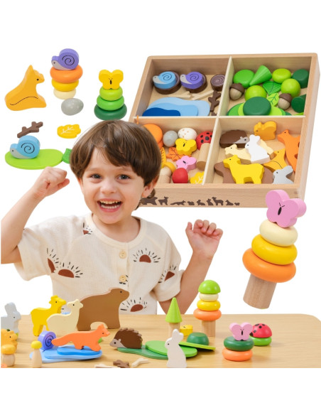 VIGA Medinių kaladėlių dėžutė "Spalvotos miško pasakos" 58 vnt.