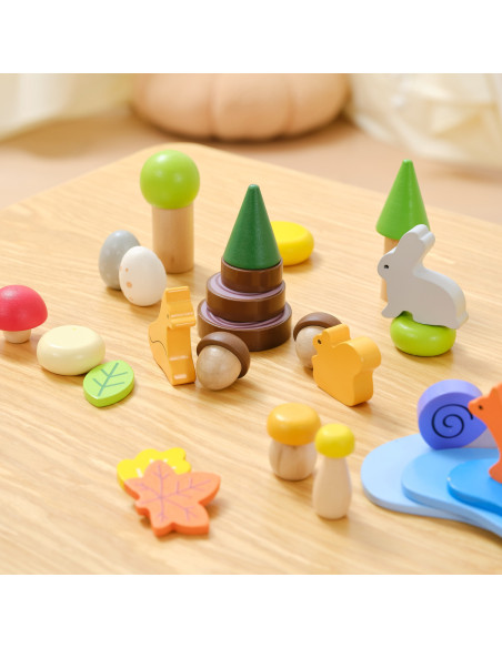 VIGA Medinių kaladėlių dėžutė "Spalvotos miško pasakos" 58 vnt.