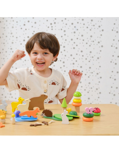 VIGA Medinių kaladėlių dėžutė "Spalvotos miško pasakos" 58 vnt.