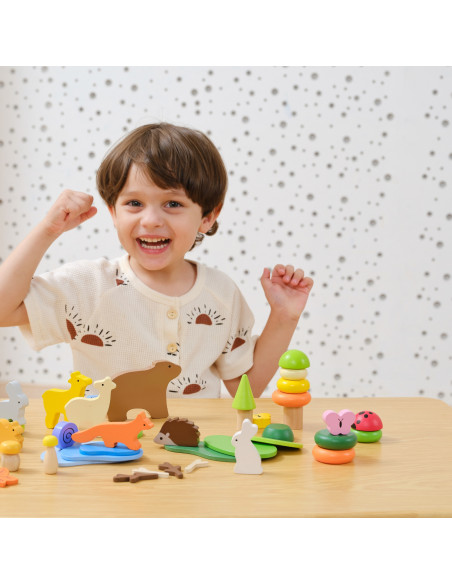 VIGA Medinių kaladėlių dėžutė "Spalvotos miško pasakos" 58 vnt.