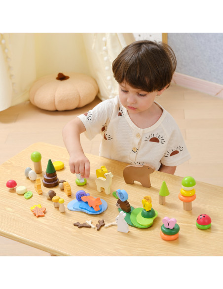 VIGA Medinių kaladėlių dėžutė "Spalvotos miško pasakos" 58 vnt.