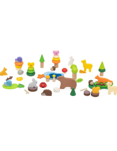 VIGA Medinių kaladėlių dėžutė "Spalvotos miško pasakos" 58 vnt.