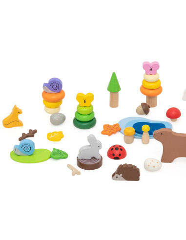 VIGA Medinių kaladėlių dėžutė "Spalvotos miško pasakos" 58 vnt.