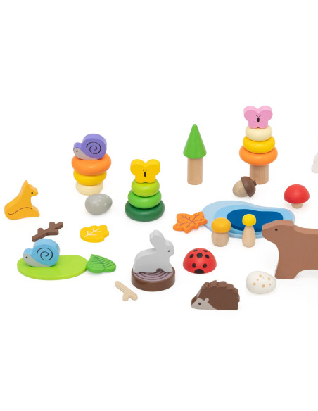 VIGA Medinių kaladėlių dėžutė "Spalvotos miško pasakos" 58 vnt.