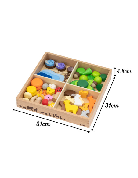 VIGA Medinių kaladėlių dėžutė "Spalvotos miško pasakos" 58 vnt.