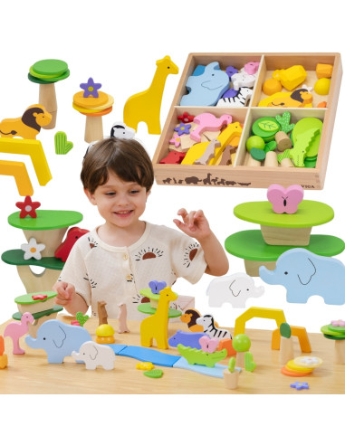 VIGA Medinių kaladėlių dėžutė "Spalvingos tropikų istorijos" 55 vnt.