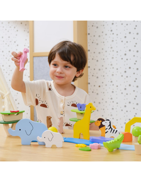 VIGA Medinių kaladėlių dėžutė "Spalvingos tropikų istorijos" 55 vnt.