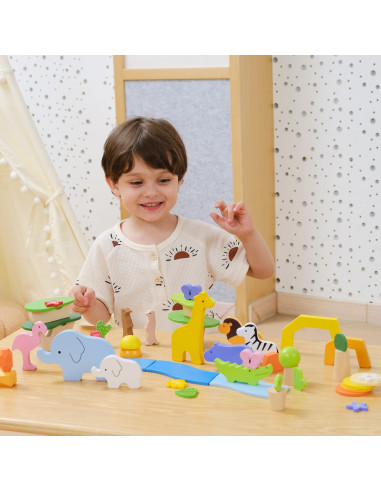 VIGA Medinių kaladėlių dėžutė "Spalvingos tropikų istorijos" 55 vnt.