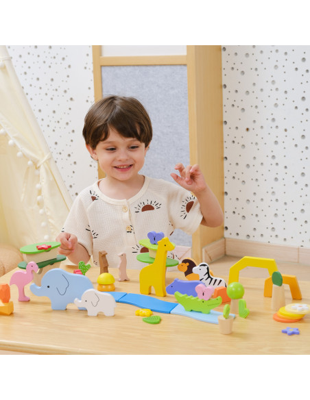 VIGA Medinių kaladėlių dėžutė "Spalvingos tropikų istorijos" 55 vnt.