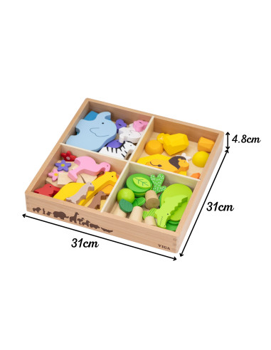 VIGA Medinių kaladėlių dėžutė "Spalvingos tropikų istorijos" 55 vnt.