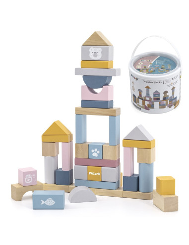 VIGA PolarB Medinių kaladėlių rinkinys kibirėlyje - 60 dalių