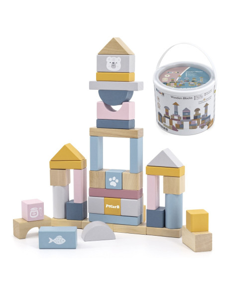 VIGA PolarB Medinių kaladėlių rinkinys kibirėlyje - 60 dalių