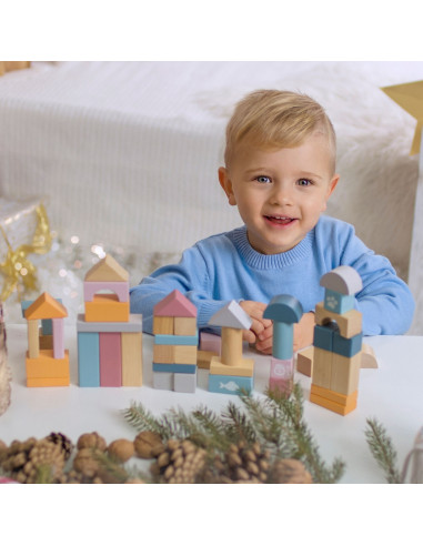 VIGA PolarB Medinių kaladėlių rinkinys kibirėlyje - 60 dalių