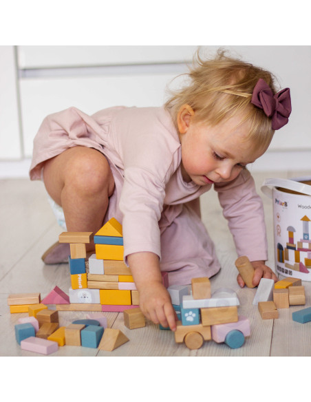 VIGA PolarB Medinių kaladėlių rinkinys kibirėlyje - 60 dalių