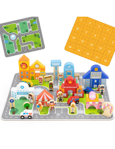 VIGA medinis rinkinys "Building a City Blocks Board" figūrėlės