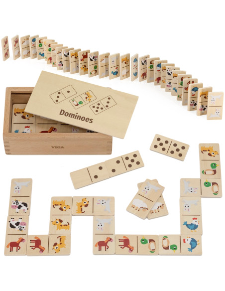 VIGA Mediniai domino 2 in 1 gyvūnai ir skaičiai