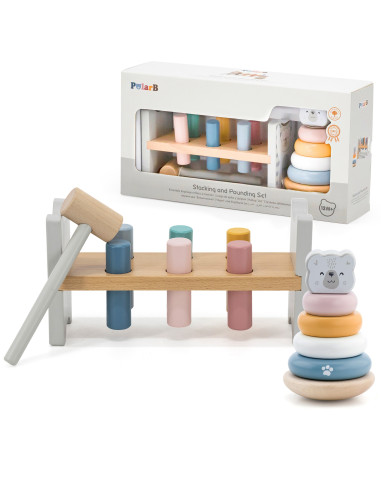 VIGA PolarB rinkinys Medinė piramidė + baltasis lokys Plaktukas Montessori
