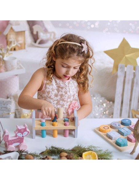 VIGA PolarB rinkinys Medinė piramidė + baltasis lokys Plaktukas Montessori