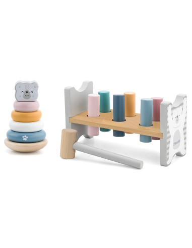 VIGA PolarB rinkinys Medinė piramidė + baltasis lokys Plaktukas Montessori