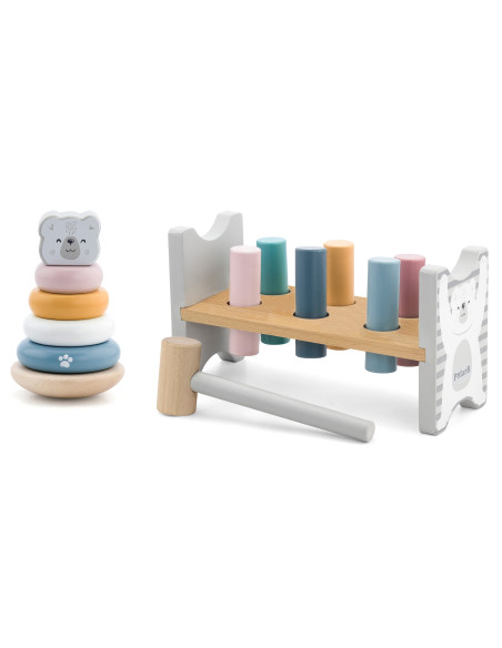 VIGA PolarB rinkinys Medinė piramidė + baltasis lokys Plaktukas Montessori