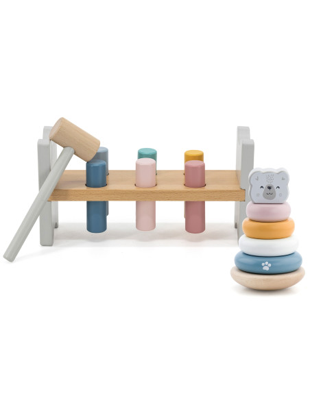 VIGA PolarB rinkinys Medinė piramidė + baltasis lokys Plaktukas Montessori