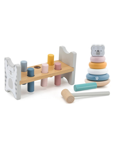 VIGA PolarB rinkinys Medinė piramidė + baltasis lokys Plaktukas Montessori