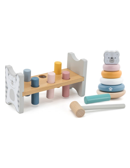 VIGA PolarB rinkinys Medinė piramidė + baltasis lokys Plaktukas Montessori