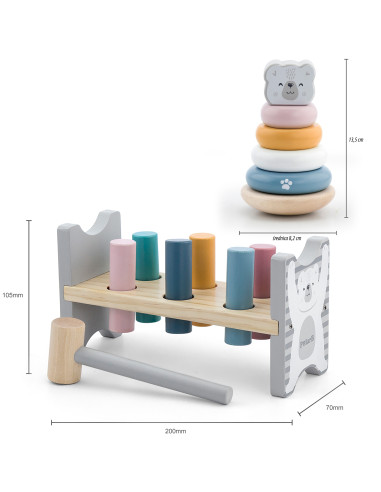 VIGA PolarB rinkinys Medinė piramidė + baltasis lokys Plaktukas Montessori