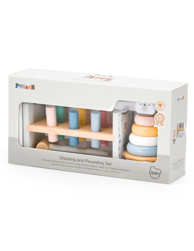 VIGA PolarB rinkinys Medinė piramidė + baltasis lokys Plaktukas Montessori