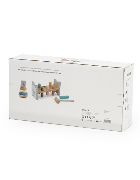 VIGA PolarB rinkinys Medinė piramidė + baltasis lokys Plaktukas Montessori