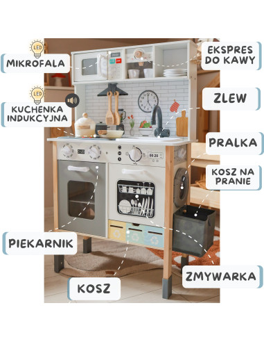 WOOPIE GREEN 9-in-1 medinė interaktyvi virtuvė su skalbimo mašina ir lenta