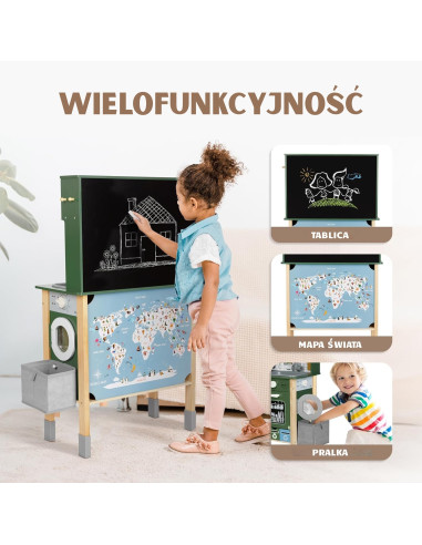 WOOPIE GREEN 9-in-1 medinė interaktyvi virtuvė su skalbimo mašina ir lenta