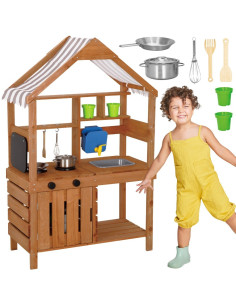 WOOPIE GREEN Wooden Garden Kitchen with Canopy, Sink, and Faucet