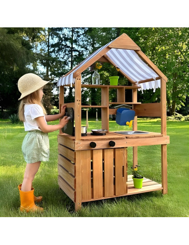 WOOPIE GREEN Medinė sodo virtuvė su stogeliu, kriaukle ir maišytuvu