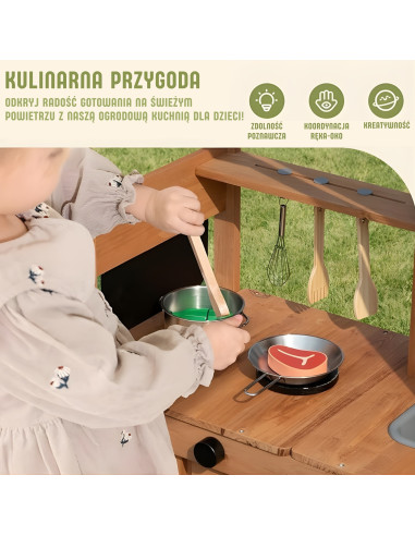 WOOPIE GREEN Medinė sodo virtuvė su stogeliu, kriaukle ir maišytuvu