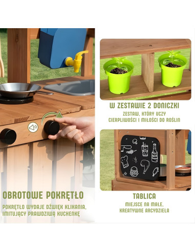 WOOPIE GREEN Medinė sodo virtuvė su stogeliu, kriaukle ir maišytuvu
