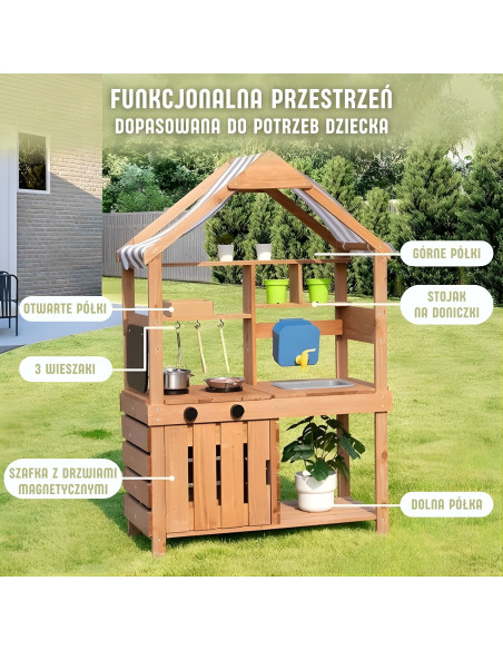 WOOPIE GREEN Medinė sodo virtuvė su stogeliu, kriaukle ir maišytuvu