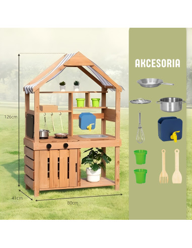 WOOPIE GREEN Medinė sodo virtuvė su stogeliu, kriaukle ir maišytuvu