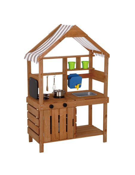 WOOPIE GREEN Medinė sodo virtuvė su stogeliu, kriaukle ir maišytuvu