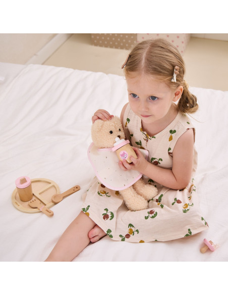 VIGA PolarB medinių lėlių maitinimo krepšelių rinkinys su buteliuku ir šliaužtinuku