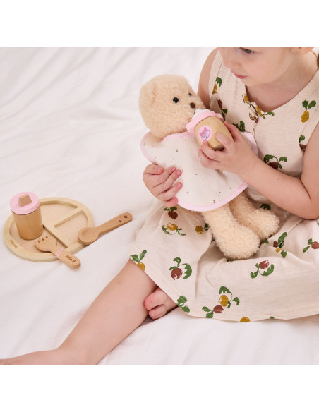 VIGA PolarB medinių lėlių maitinimo krepšelių rinkinys su buteliuku ir šliaužtinuku