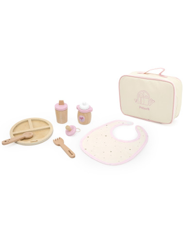 VIGA PolarB medinių lėlių maitinimo krepšelių rinkinys su buteliuku ir šliaužtinuku