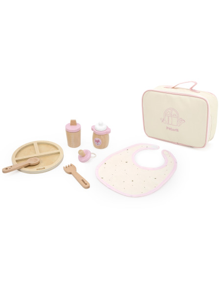 VIGA PolarB medinių lėlių maitinimo krepšelių rinkinys su buteliuku ir šliaužtinuku