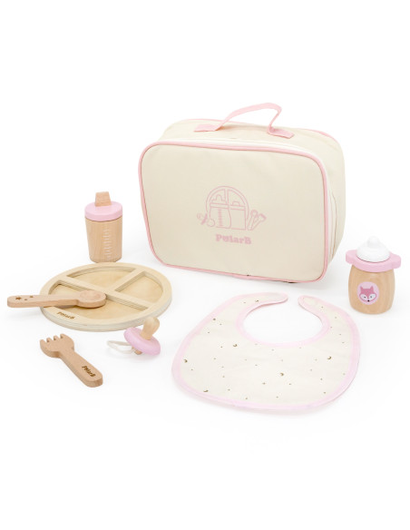 VIGA PolarB medinių lėlių maitinimo krepšelių rinkinys su buteliuku ir šliaužtinuku