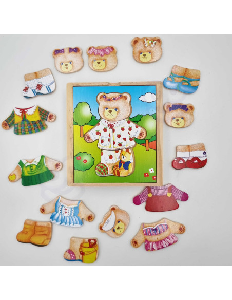 VIGA Wooden Logic Puzzle Dress Up Teddy Bear Girl