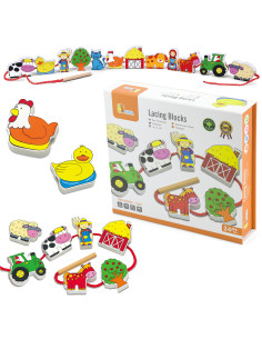 VIGA Wooden Intertwining Blocks Montessori Threading Farm
